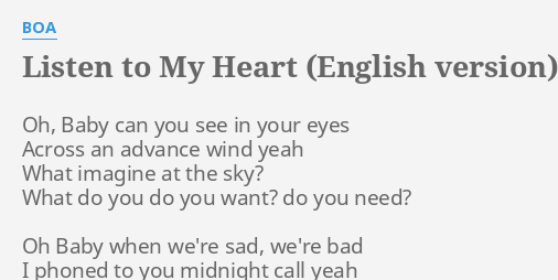 Listen To My Heart English Version Lyrics By Boa Oh Baby Can You