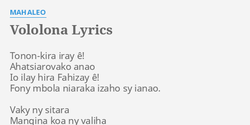 Vololona Lyrics By Mahaleo Tonon Kira Iray E Ahatsiarovako