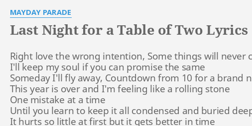 Last Night For A Table Of Two Lyrics By Mayday Parade Right Love